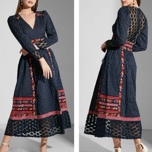 Frock & Frill Embroidered Katerina Midi Dress in Navy Polka Dot - Size US 4